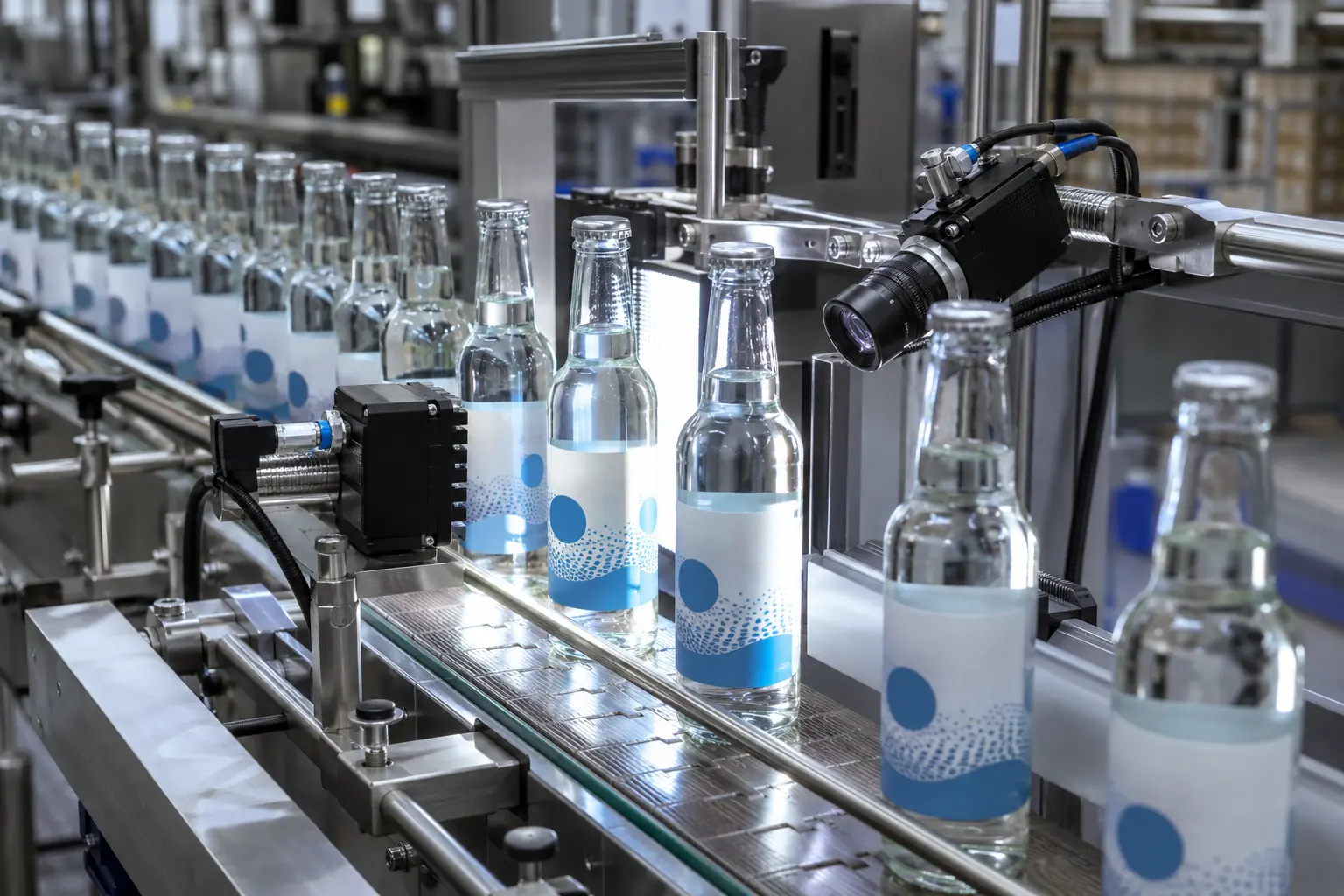Machine-vision camera inspecting labels on bottles